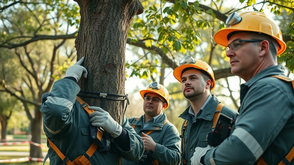 serious professional arborists assessing tree trimming safety risks in city park, with PPE and construction tape