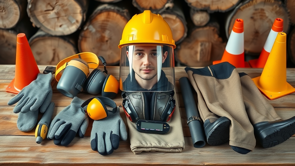 organized display of essential tree trimming safety gear—helmet, hard hat, face shield, gloves, chaps, ear and eye protection, non-slip boots