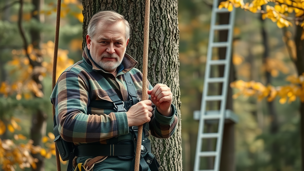 experienced tree climber securing harness and rope for tree trimming safety, ladder and arborist ropes visible