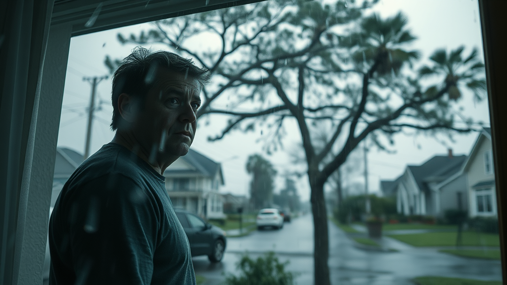 stormy weather and concerned homeowner observing a swaying tree through a window, highlighting unsafe tree trimming conditions