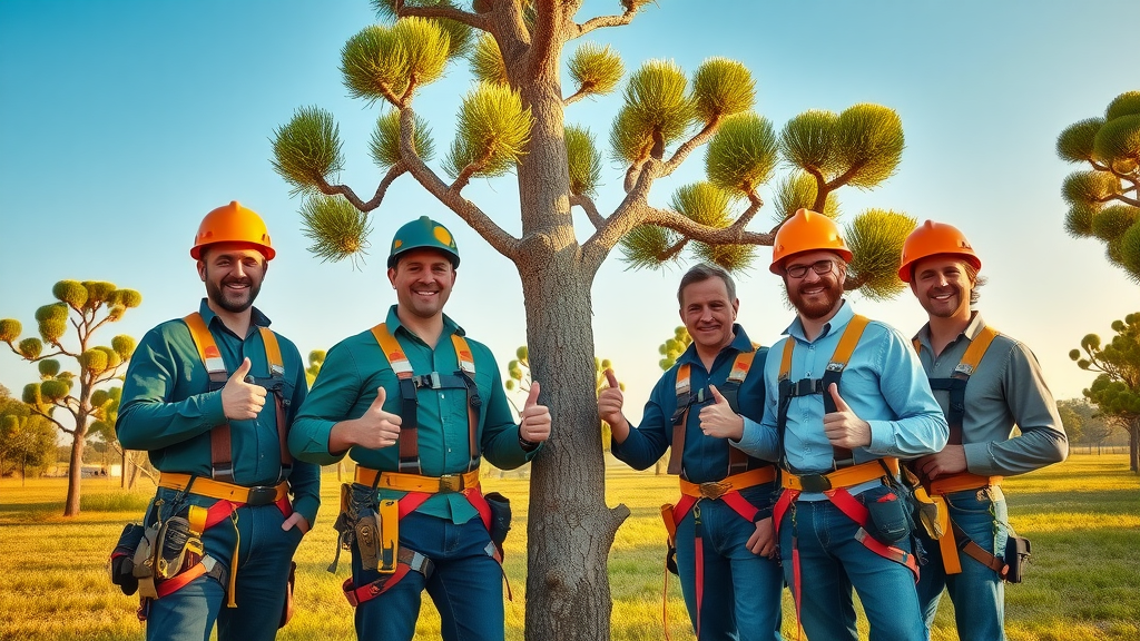 confident arborist team with tree trimming safety equipment, standing together in a healthy landscape