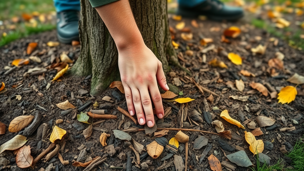 diligent homeowner spreading rich organic mulch around base of tree, careful focus, gentle, action of applying mulch, backyard garden with fallen leaves, highly detailed, mulch texture and hand movement, earthy browns and deep greens, natural outdoor lighting