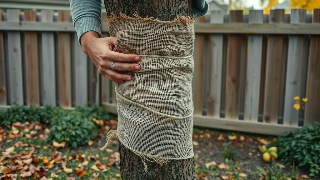 sensitive tree species wrapped with burlap for frost protection, delicate, protective, calm caretaker tying material around trunk, suburban garden with rustic wooden fence and scattered autumn leaves, texture of burlap and tree bark, muted earthy colors, soft diffuse lighting