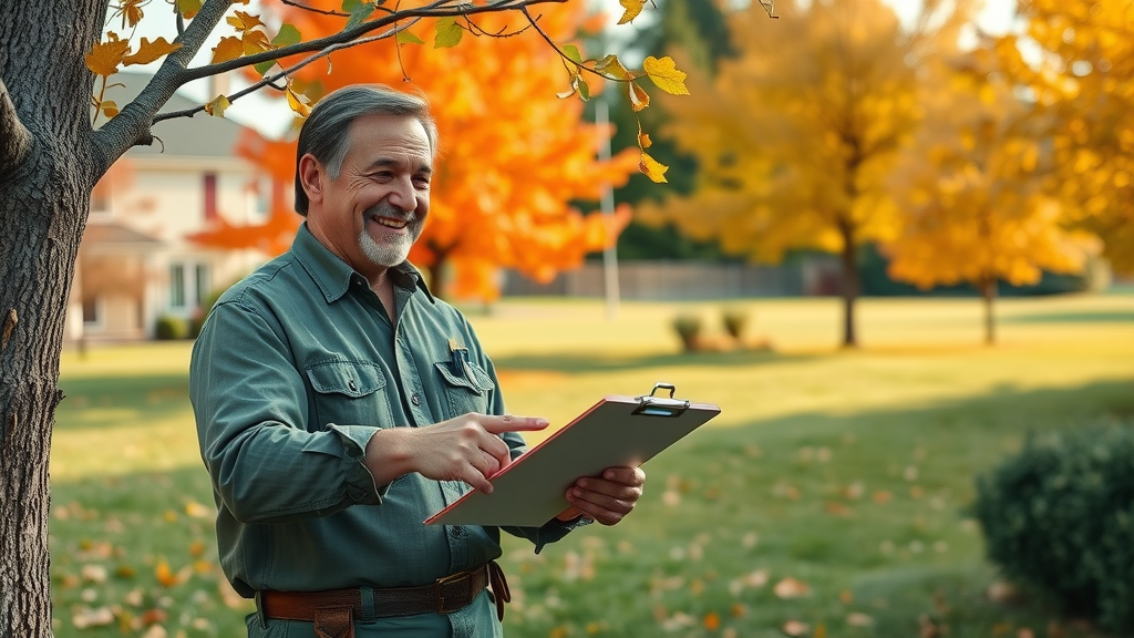 certified arborist offering advice to homeowner in autumn setting, knowledgeable, smiling, pointing out tree branches and inspecting bark, spacious yard with several colorful trees, light wind moving leaves and arborist’s clipboard, natural fall colors, morning sun lighting