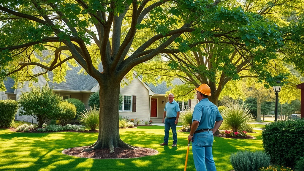 lush suburban yard with healthy mature trees and homeowners observing a professional arborist during tree trimming services, vibrant green foliage and photorealistic sunlight