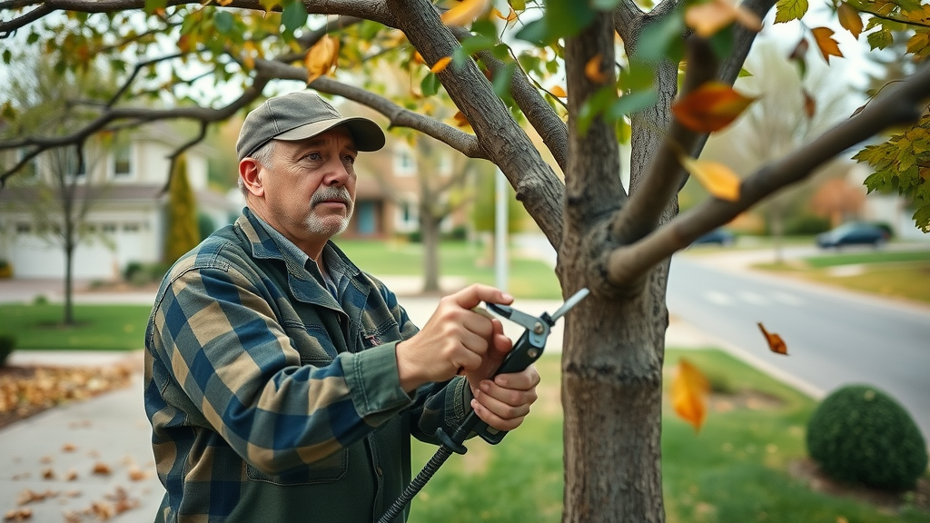 professional arborist providing tree care services while pruning tall oak tree branches in a residential neighborhood