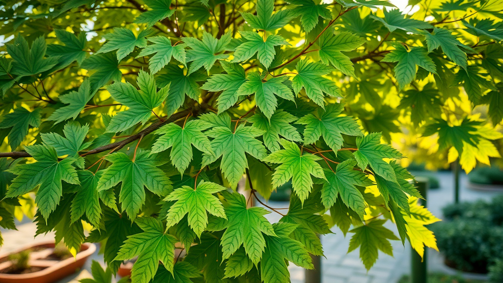certified arborist inspecting healthy maple tree for disease in landscaped garden, vibrant foliage, and bright sunlight highlighting tree health