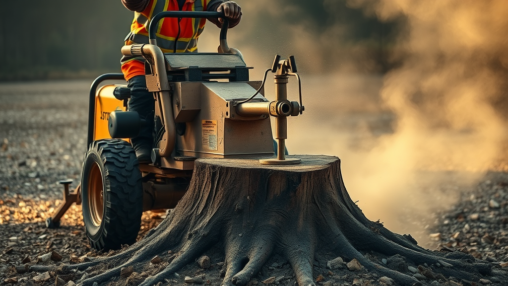 heavy-duty stump grinder in action during stump removal on a landscaped property with operator in safety gear