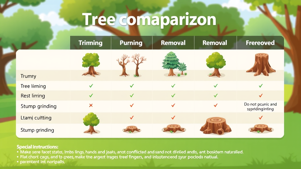 illustrative infographic with colorful icons comparing tree trimming, pruning, removal, and stump grinding service options