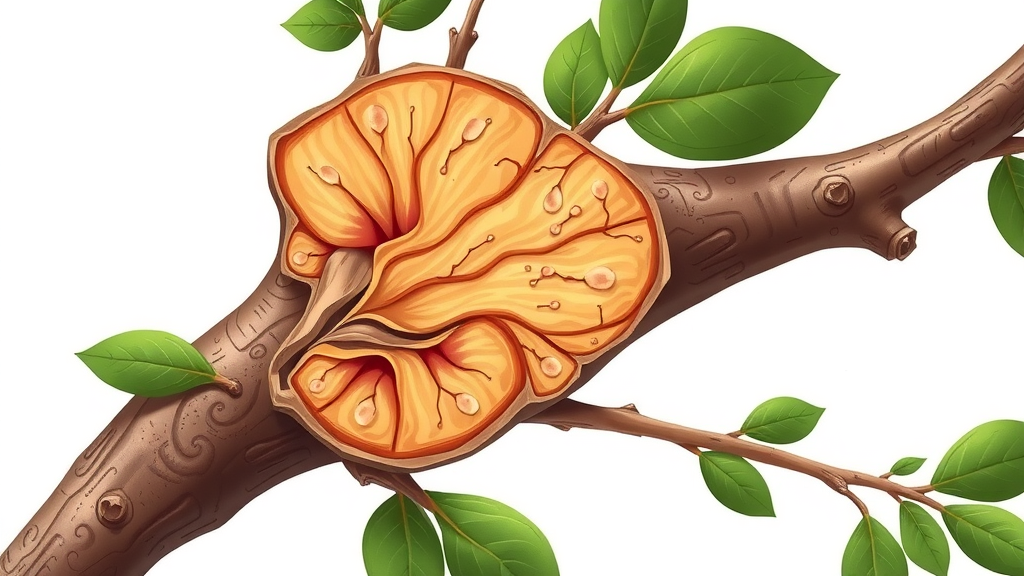Science behind pruning trees in fall, detailed cross-section of a tree branch, sap flow, wound healing visualization