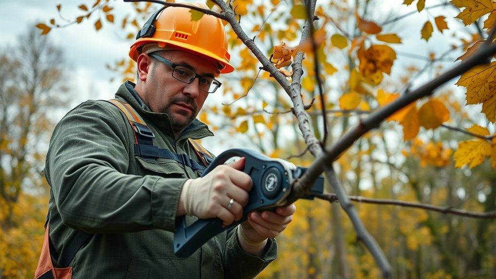 Skilled arborist making proper pruning cuts on tree in fall with safety gear, vibrant autumn