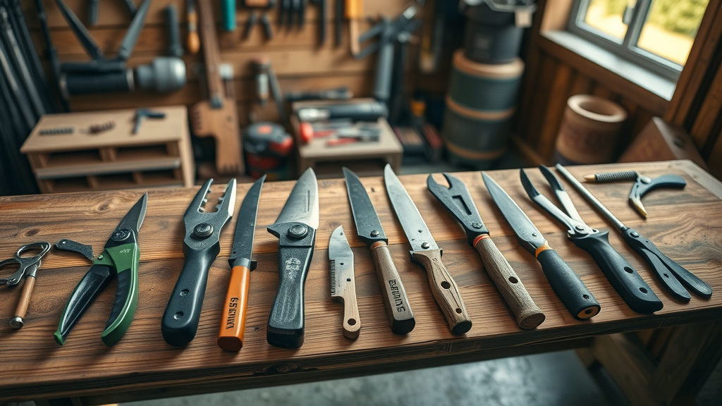 High-quality pruning tools for pruning trees in fall, arranged on wooden bench, sunlight