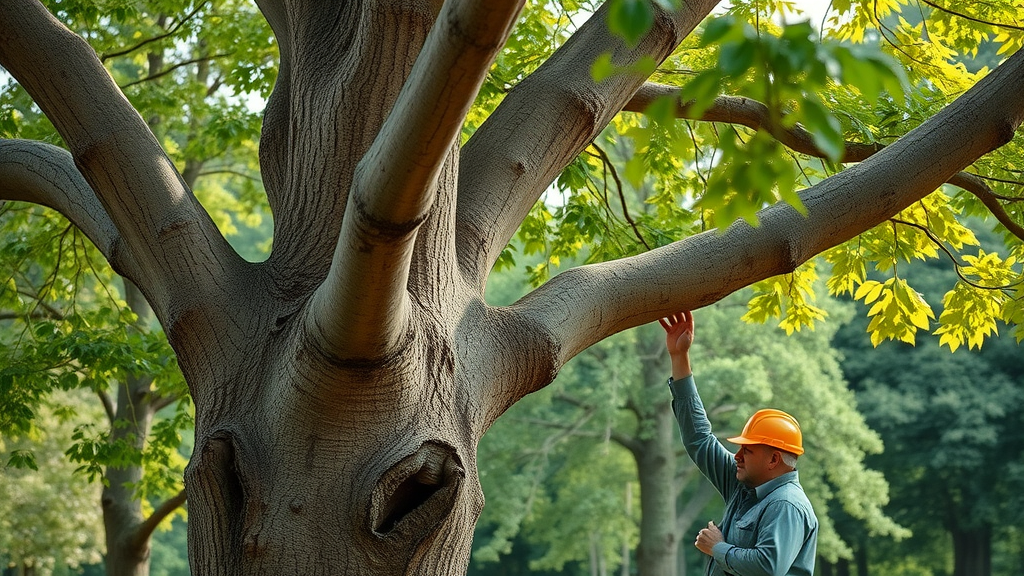 Mature tree with large branch marked for pruning in fall, arborist assessing branch