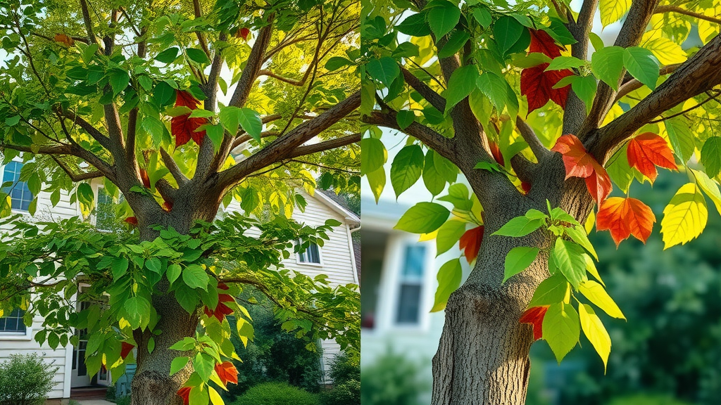 Tree pruning in fall: before and after, healthy regrowth vs. poor pruning cuts