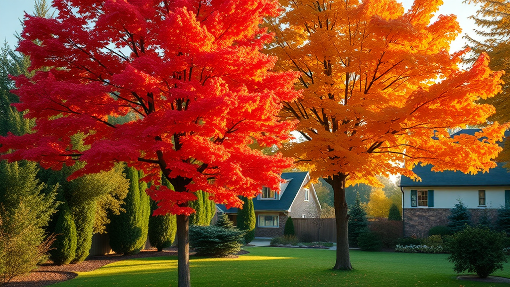 Vivid healthy deciduous trees in autumn showcasing brilliant red, orange, and yellow foliage in a well-maintained garden, highlighting tree health in autumn with a full canopy and soft golden hour lighting.