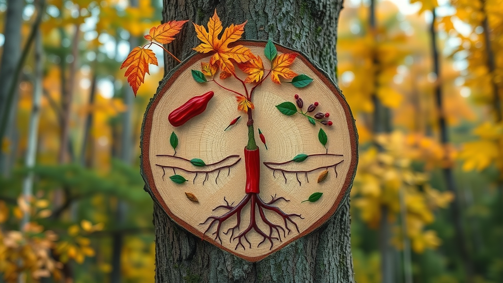 Detailed cross-section of a tree showing internal sap flow and root system changes in autumn, educational graphic for understanding tree health in autumn.