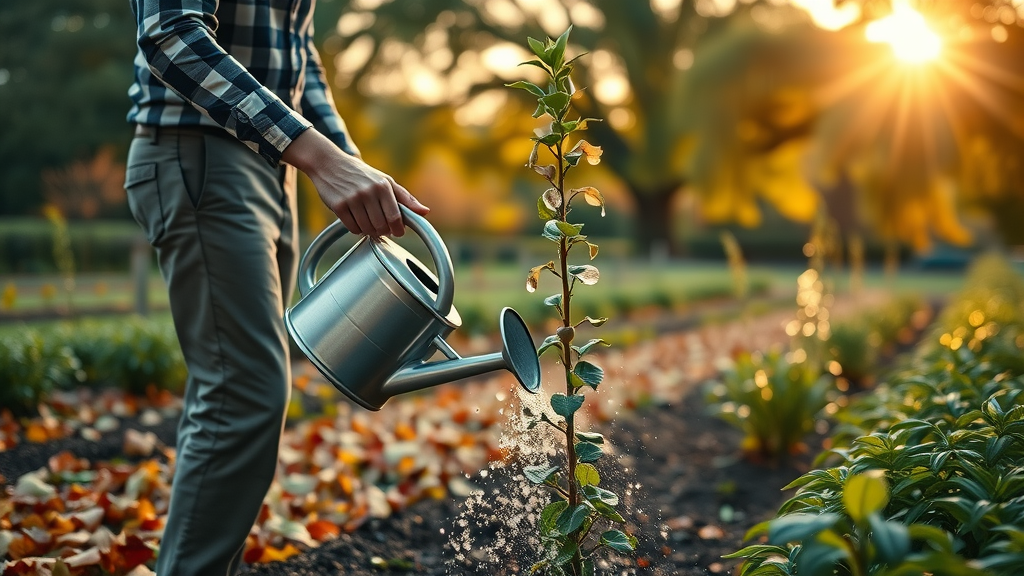 Gardener gently watering a young tree at dawn in autumn to ensure fall tree care and maintain tree health in autumn, with mature trees and vibrant leaves in the background.