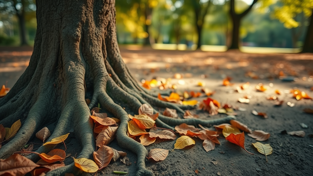 Close-up of tree roots at soil level surrounded by a layer of colorful fallen leaves in autumn, illustrating how fallen leaves impact tree health in autumn.