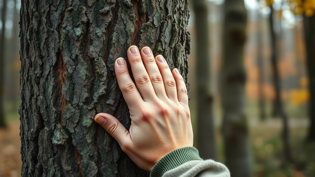 Arborist’s hands inspecting tree bark for disease and cracks as part of tree health assessment in autumn, emphasizing detailed fall tree care.