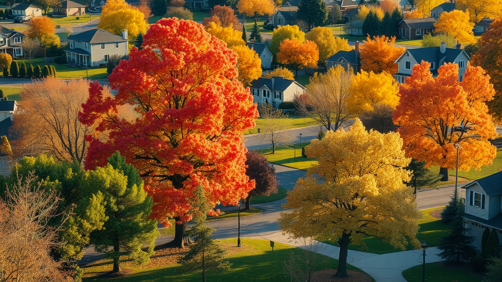 Bright residential trees in a suburban neighborhood showing a patchwork of fall color with both healthy and stressed specimens, illustrating the varying tree health in autumn.