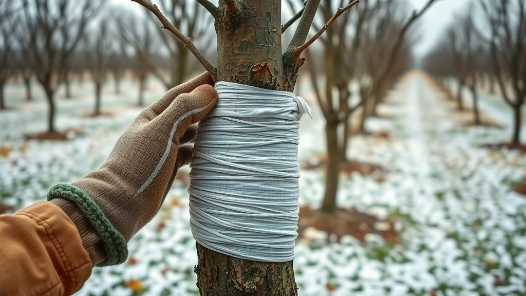 hands in gardening gloves expertly wrapping a young tree trunk with protective material in snow