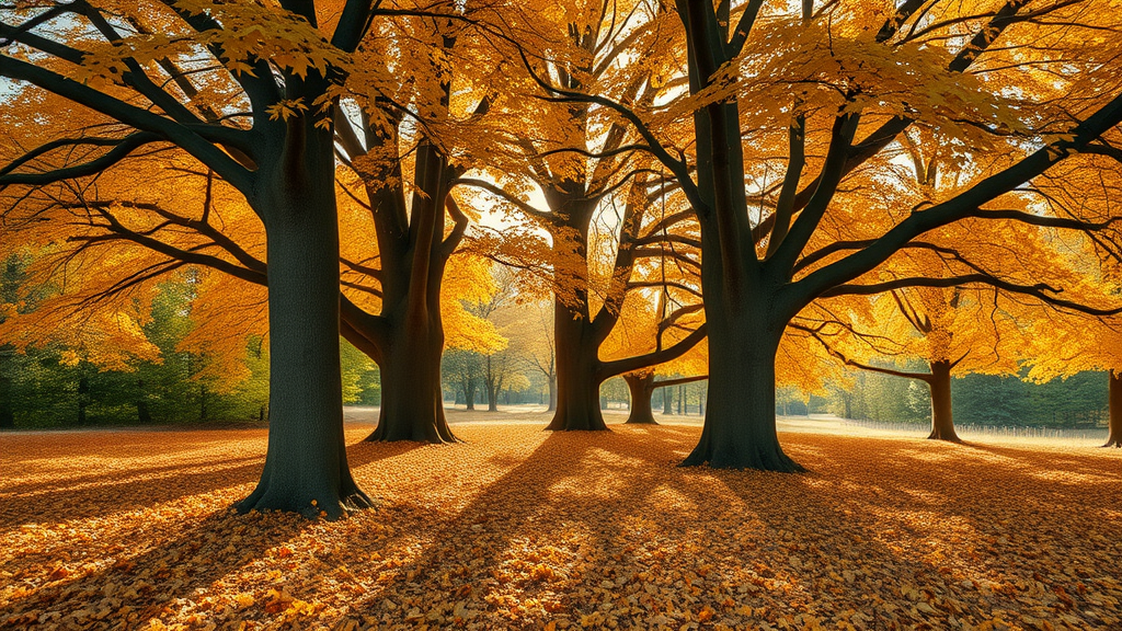 cluster of healthy mature trees in late autumn with golden leaves, thick mulch at the base, dappled sunlight