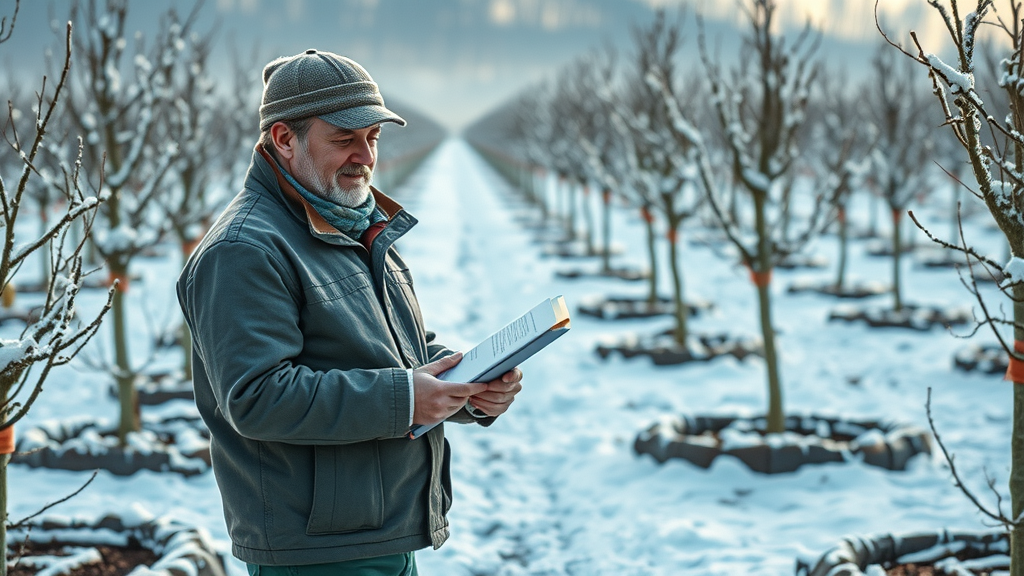 diligent gardener with clipboard inspecting a snow-covered orchard, fruit trees and tree wraps, snow falling