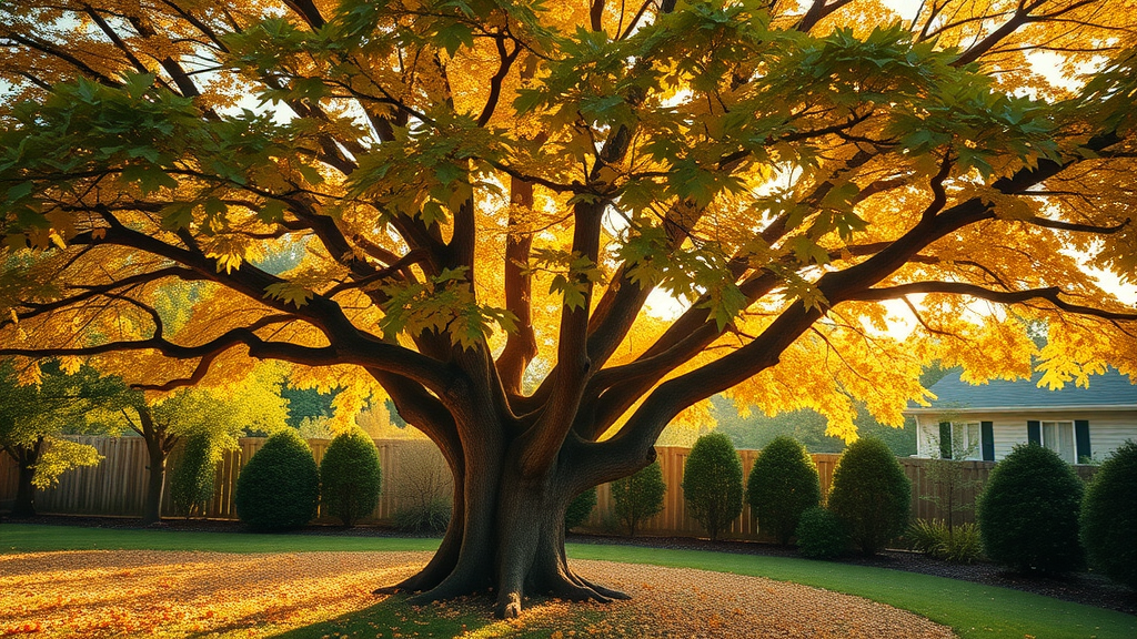 Vibrant oak tree with lush autumn foliage after fall fertilization for trees, in a sunlit suburban backyard.