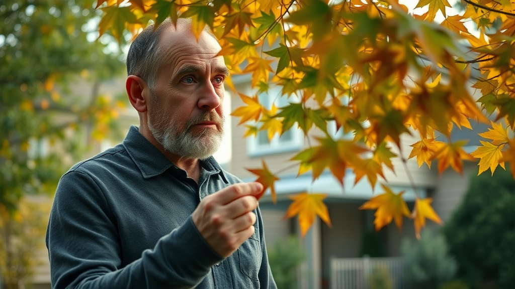 Concerned homeowner examines maple tree leaves for nutrient deficiency before fall fertilization, in a colorful autumn backyard.