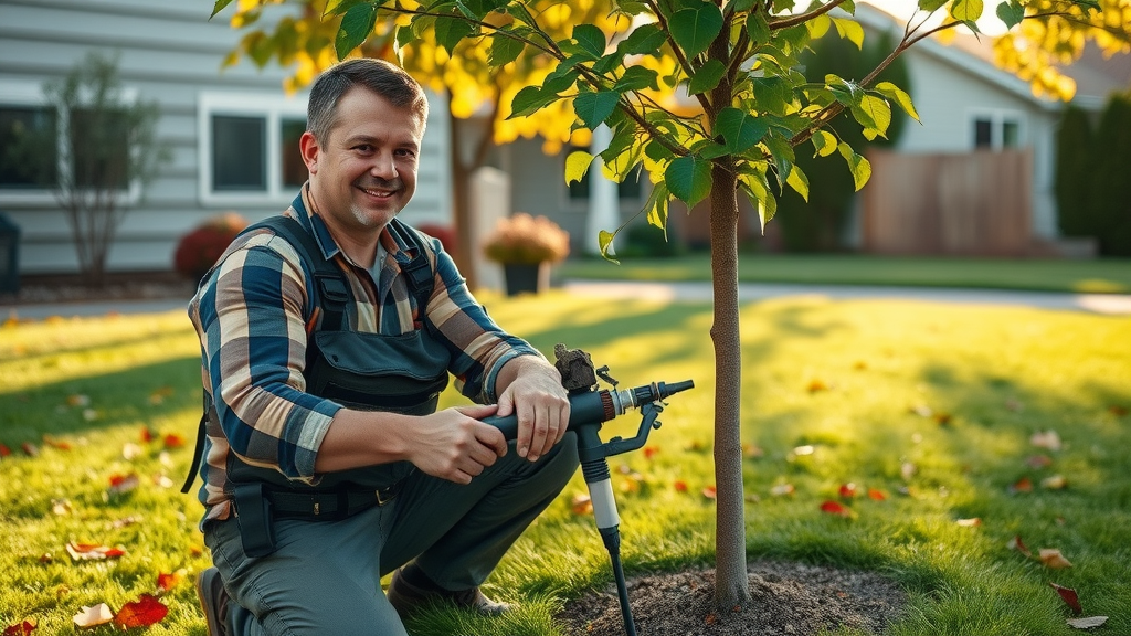 Professional arborist applies fertilizer to a young tree using a soil injector for optimal fall fertilization of trees. Residential autumn scene.