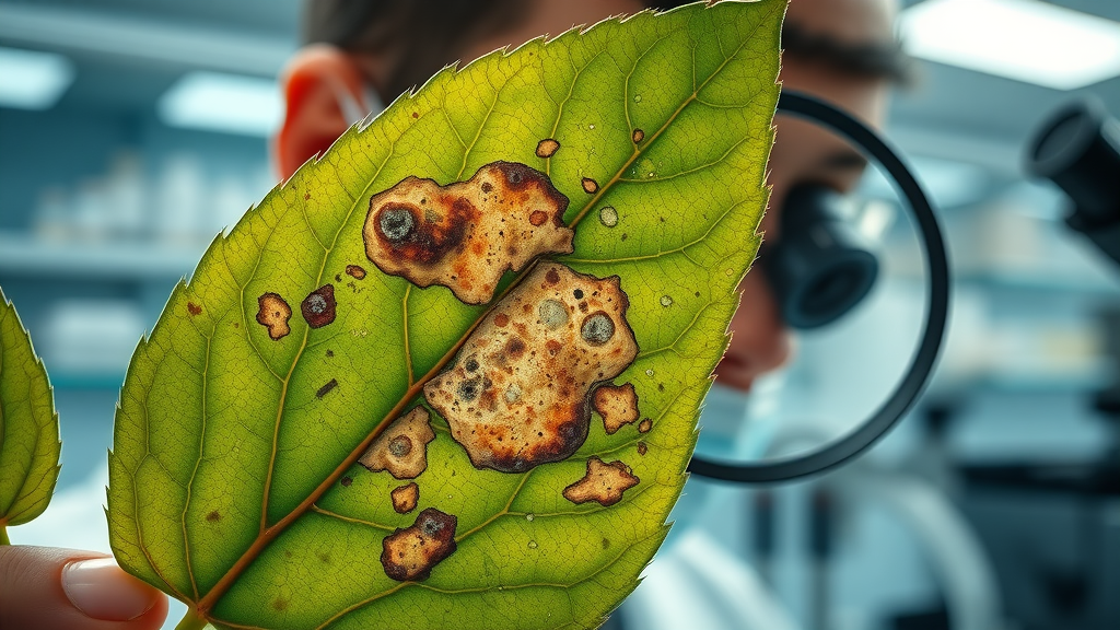 Detailed view of tree leaf affected by leaf spot and fungus under laboratory analysis, tree disease prevention fall