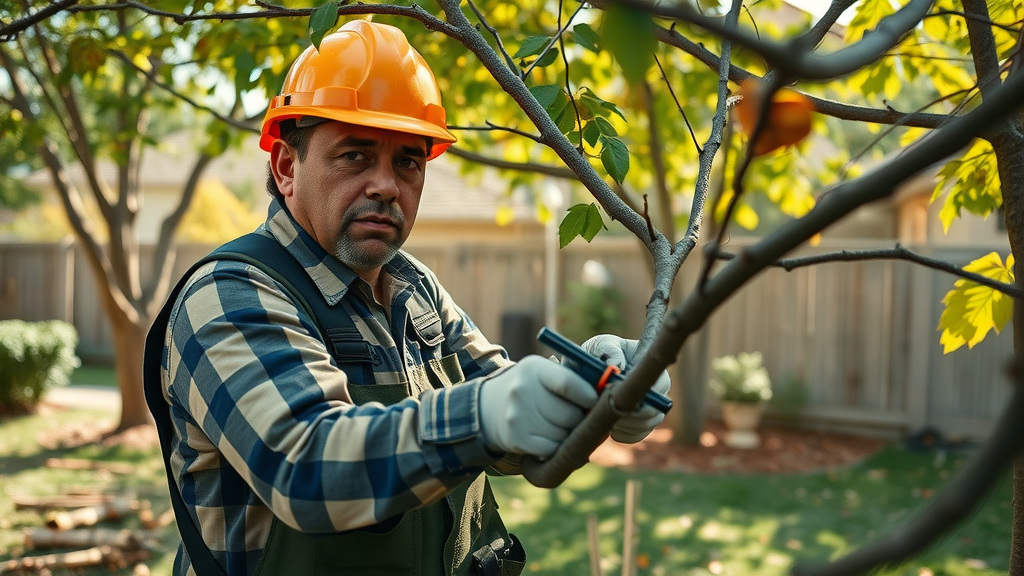 Professional arborist in safety gear pruning branches as part of tree disease prevention fall, autumn backyard with healthy trees