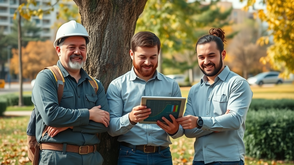 Certified arborist team reviewing tree health data on-site in a landscaped park for advanced tree disease prevention fall