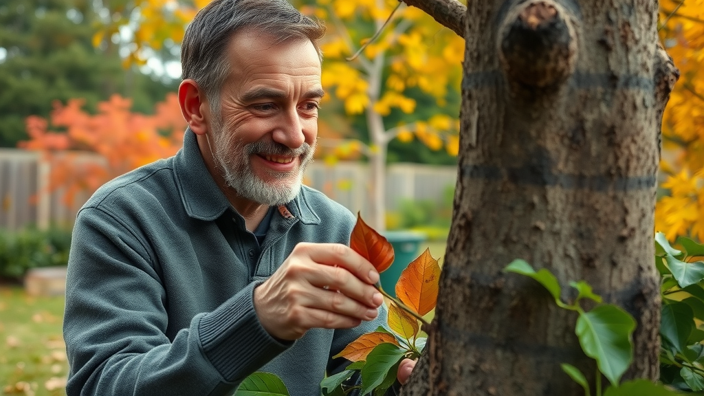 Homeowner carefully inspecting tree for health and signs of disease in autumn backyard as part of tree disease prevention fall