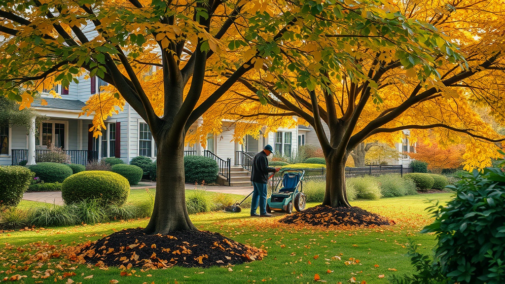 Caretakers applying mulch around tree bases in a lush autumn garden, healthy thriving foliage, cozy residential background, scattered orange and yellow leaves, shot with a 50mm lens.