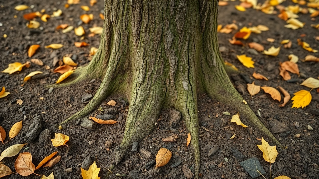 Organic mulch around tree trunk with visible healthy soil texture, classic donut-shaped mulch ring, autumn garden bed background, soft daylight, macro shot.