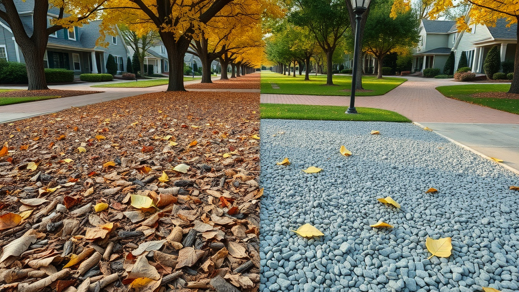 Comparison of organic mulch (bark, leaves) and inorganic mulch (gravel, rubber chips) on garden beds, with mature trees in autumn, neat arrangement.
