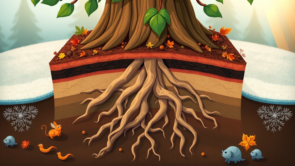 Cross-section illustration showing tree roots protected by mulch layer from surface frost, educational diagram, roots, soil, animals, and mulch in autumn.