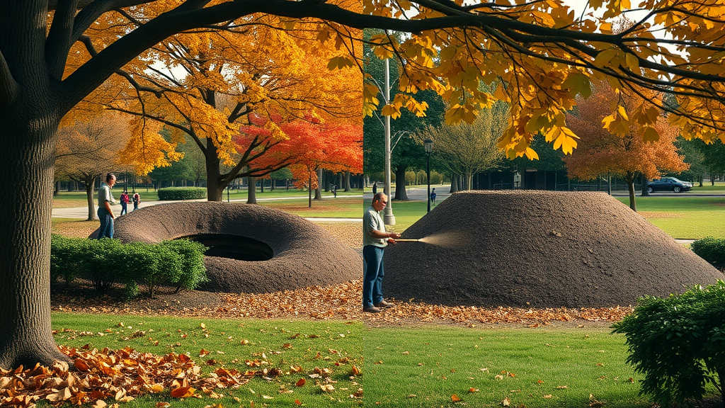 Contrast of correct donut-shaped mulch application vs volcano mulching, caretakers pointing out mistakes, park-like autumn setting, deep crisp colors.