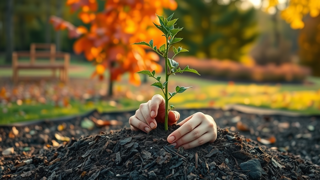 Newly planted sapling being carefully mulched by hands, autumn garden with established trees, hopeful care, gentle autumn light.