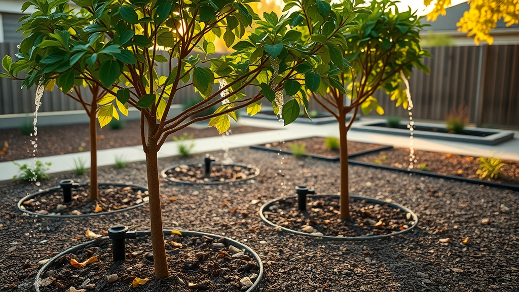 Healthy young trees surrounded by mulch and water trickle devices, showing the best tree watering schedule fall for new plantings.