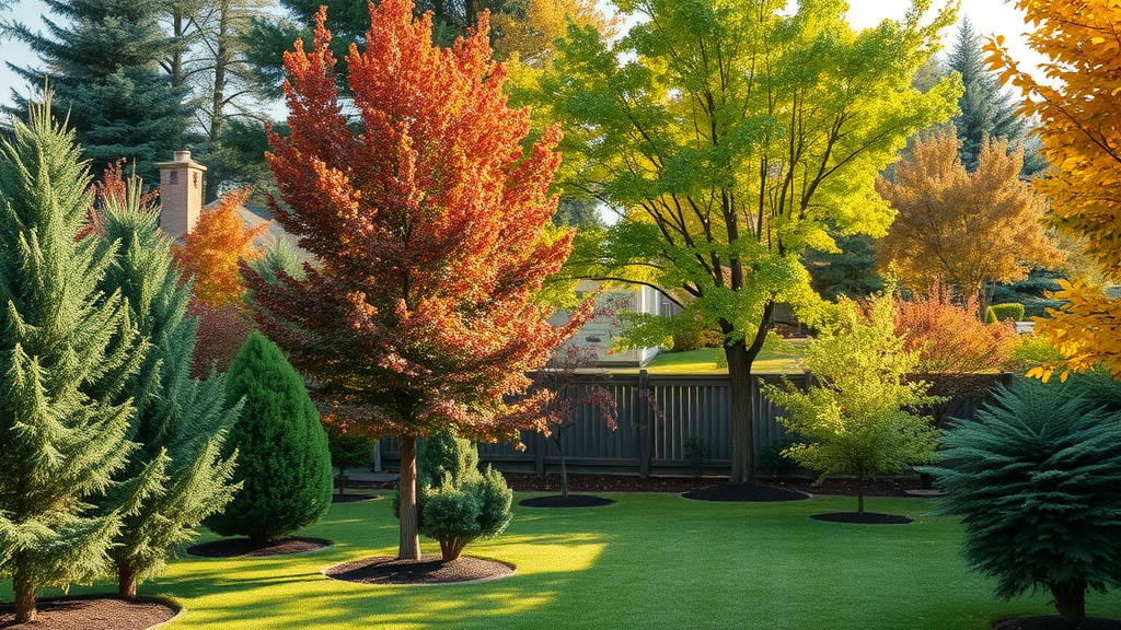 Various tree types including evergreens, deciduous, flowering, and fruit trees, all benefiting from proper tree watering schedule fall.