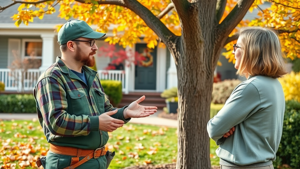 Professional arborist giving fall tree watering advice to a homeowner, illustrating support with tree watering schedule fall plans.