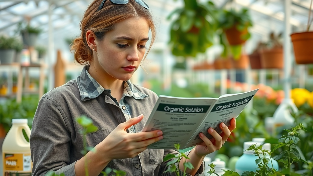 gardener comparing organic and chemical leaf spot fungicide solutions, making plant care decisions