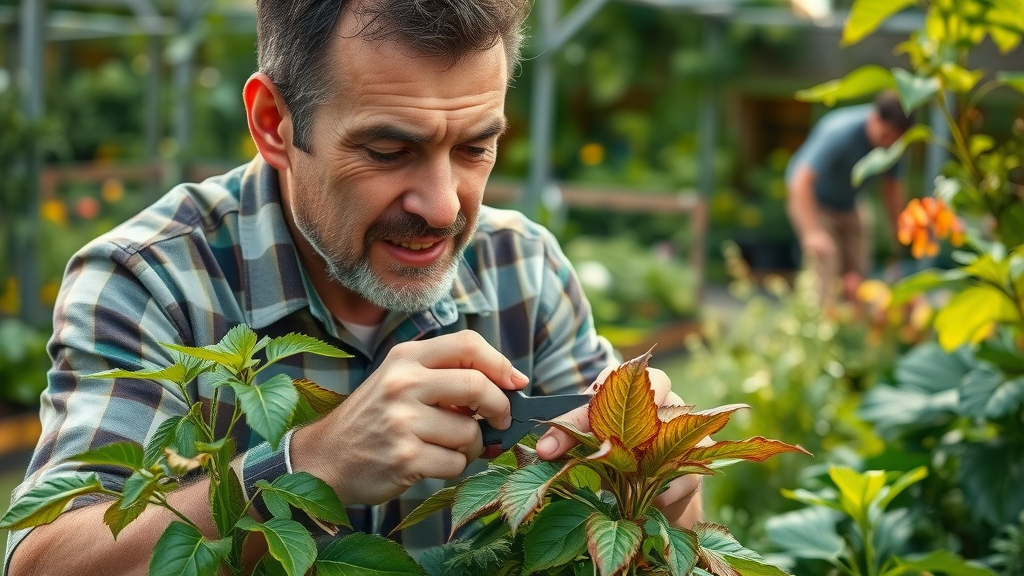 gardener pruning infected leaves as part of non-chemical leaf spot fungicide management
