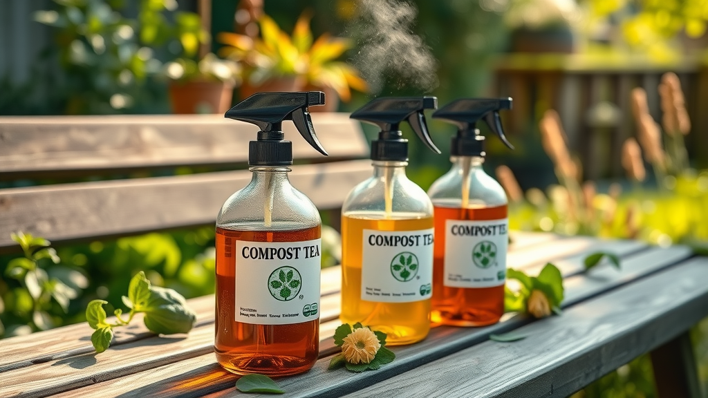 homemade organic compost tea spray bottles for leaf spot fungicide alternative, ready for use in garden