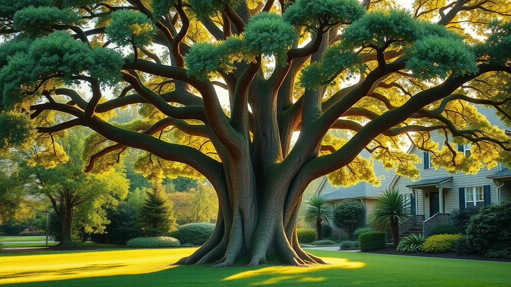 seasonal tree care guide: mature oak tree in healthy vibrant residential landscape with lush leaves and dew-covered grass in early morning light, emphasizing tree care