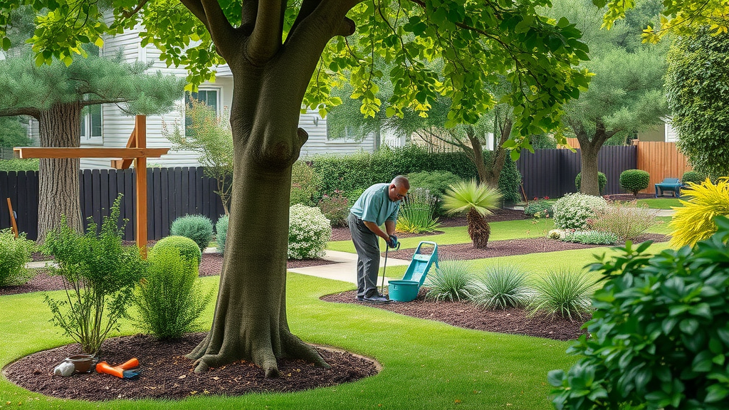 tree care foundations: homeowner gently inspecting trunk of healthy tree among shrubs and mulched garden beds, tree maintenance in action
