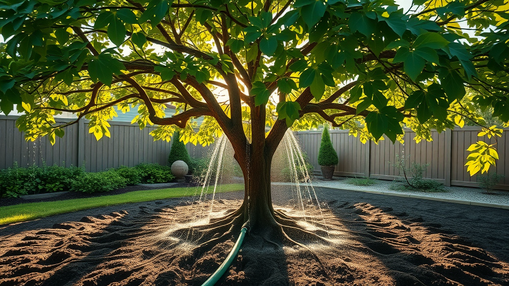 summer tree care guide: watering tree at roots with garden hose, healthy tree with lush canopy, illustrating deep hydration in summer