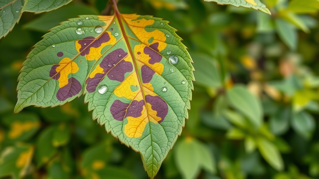 Vivid close-up of tree leaves heavily affected by leaf spot disease, showing brown and yellow lesions, natural appearance, stillness, Photorealistic High Fidelity Lifelike, outdoor garden environment with blurred healthy foliage in background, highly detailed, visible water droplets, soft natural daylight, vibrant greens and browns, shot with a macro lens. Leaf spot disease on tree leaves